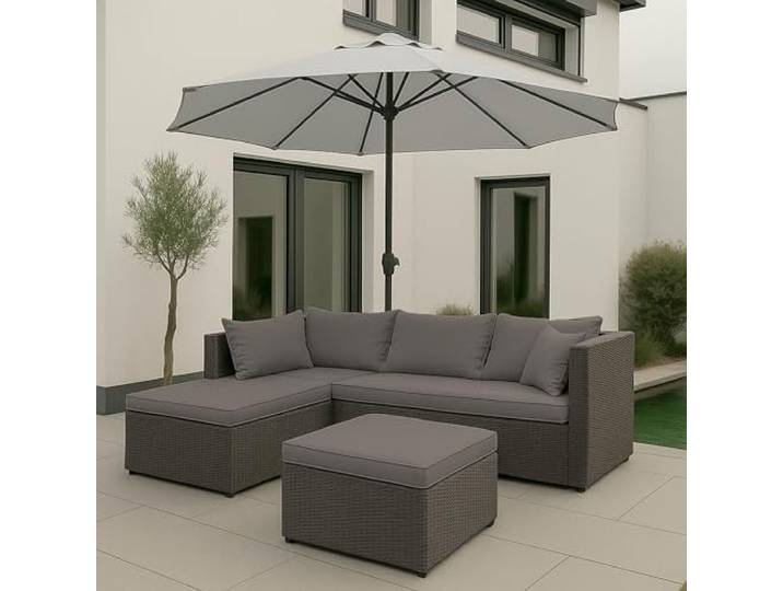 Mendler Poly-Rattan Garnitur HWC-O46 - grau Polster hellgrau Balkon-/Garten-/Lounge-Set, Sofa, Sitzgruppe