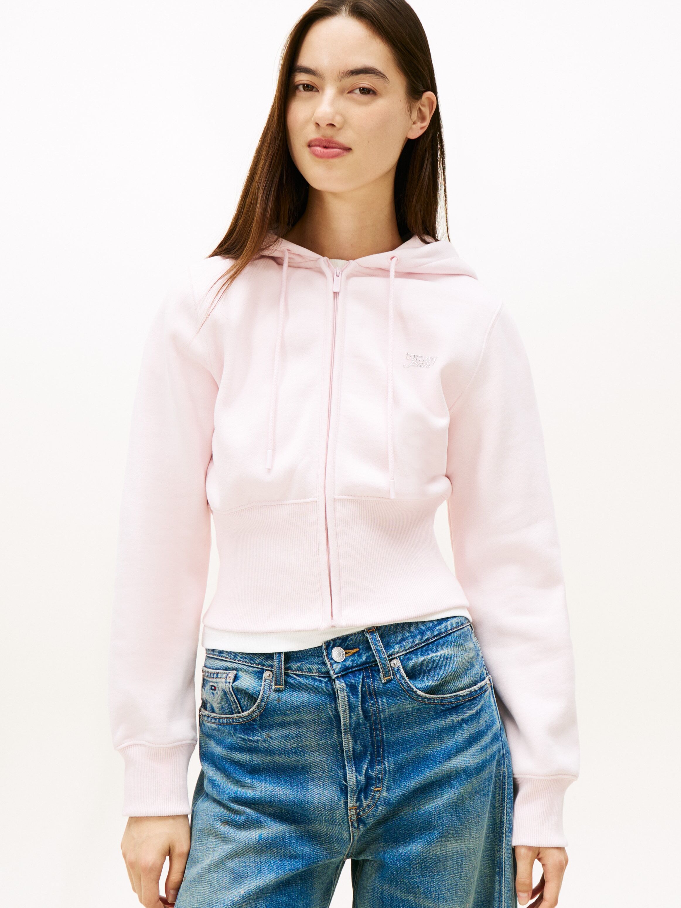 Kapuzensweatjacke TOMMY JEANS "TJW REG SILVER SCRIPT ZIP THRU", Damen, Gr. S (36), light pink, Sweatware, Obermaterial: 80% Baumwolle, 20% Polyester, unifarben, regular fit, Rippbündchen, Sweatjacken Kapuzensweatjacke