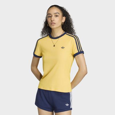 T-Shirt ADIDAS ORIGINALS "HEATHER 3-STREIFEN CALI", Damen, Gr. XL, warm vanilla, bold gold, night indigo, Obermaterial: 38% Polyester, 31% Baumwolle, 31% Modal, Rundhals, Shirts T-Shirt, mit Rundhalsausschnitt, sportlicher Stil, ohne Verschluss