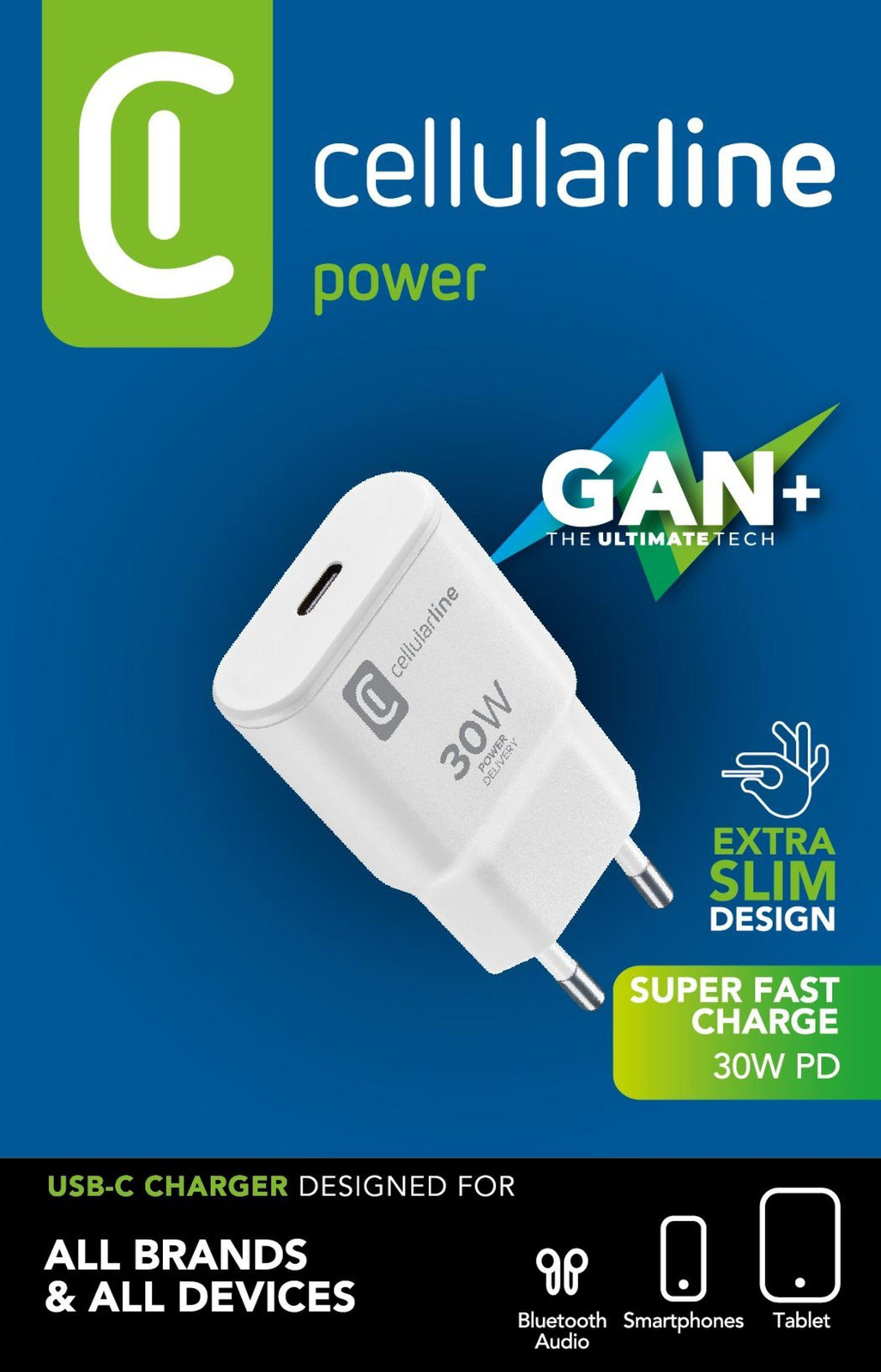 Cellularline GAN Wandlader USB-C 30W PD, Wit