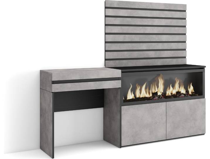 COZY Coiffeuse\, 177x35x145 cm\, Avec tiroir\, Cheminée électrique XXL\, Panneaux Muraux en Bois\, Ciment