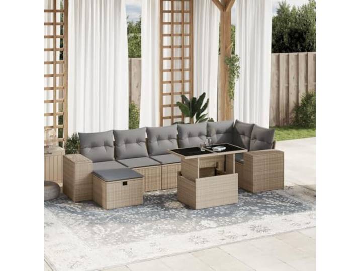 YUTAASU 8-TLG. Poly Rattan Sofagarnitur Beige mit Kissen
