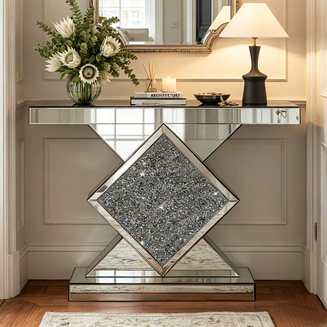 Canora Grey Andreja 120cm Mirrored Glass Console Table with Crushed Diamond Inlay for Behind Sofa Couch Entryway Mirrored Home Decor Silver 80cm H X 120cm W X 35cm D