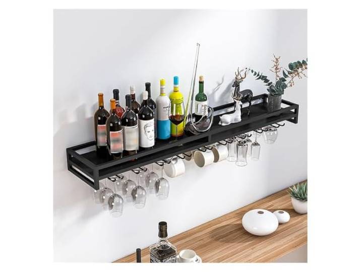 Failjierue Wandmontierter Weinglasständer für Aufhängen von Weinflaschen Weinflaschenhalter aus Metall mit Glashalter für Küche, Esszimmer(100x20x8.5cm)