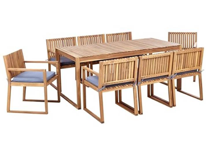 8-Sitzer Gartenset zertifiziertes Holz hellbraun mit Kissen blau Sassari II