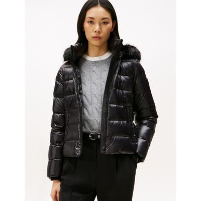 Steppjacke TOMMY HILFIGER "GLOSS HW DOWN SLIM JACKET W FUR", Damen, Gr. XXL (44), schwarz, Steppware, Obermaterial: 100% Nylon, unifarben, slim fit, Jacken Steppjacke, in leicht glänzender Optik, mit Fellimitat