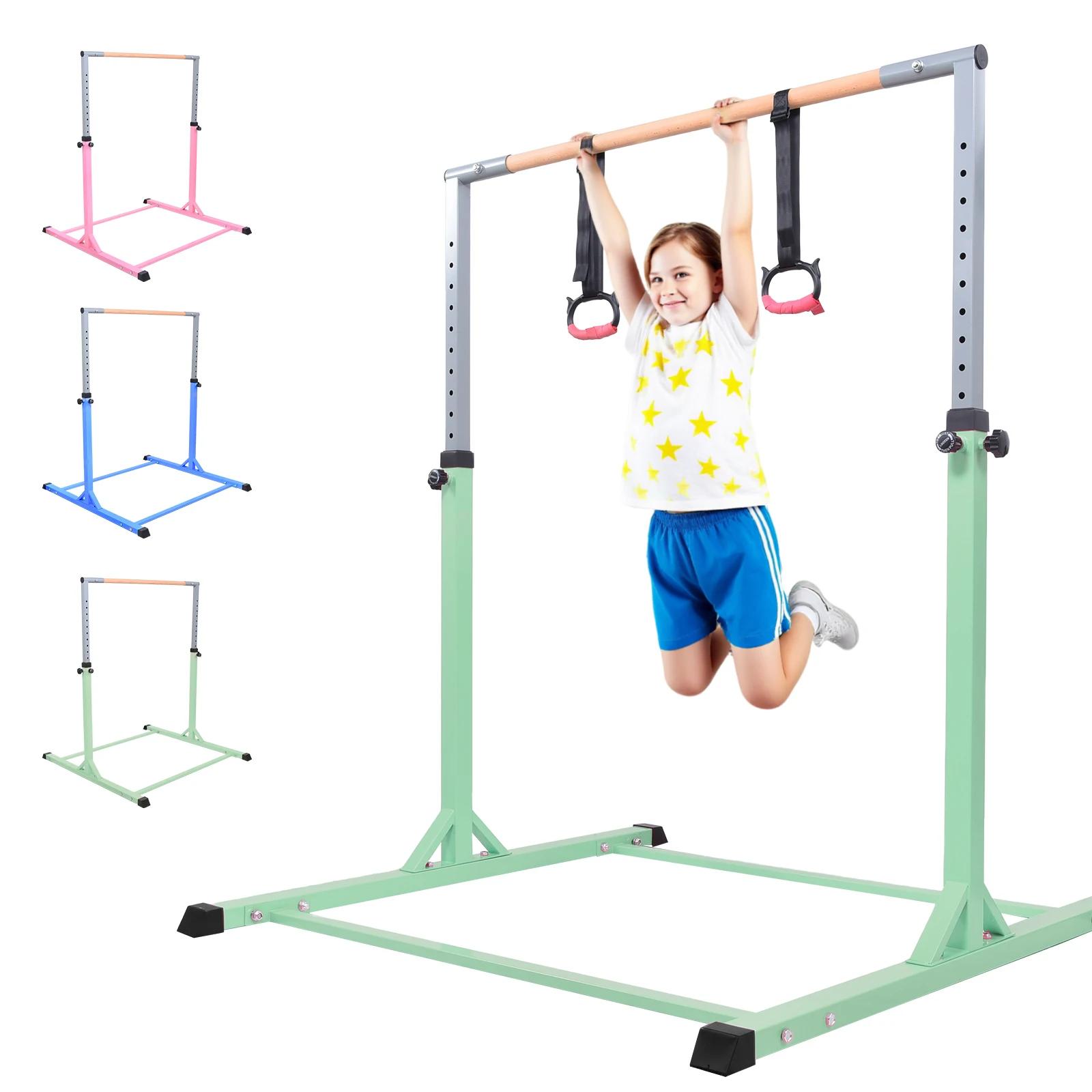 Kinder-Gymnastikbarren - Stufenbarren - 13-fach höhenverstellbar - Mit zwei Ringen - Für Indoor-Training - Grün