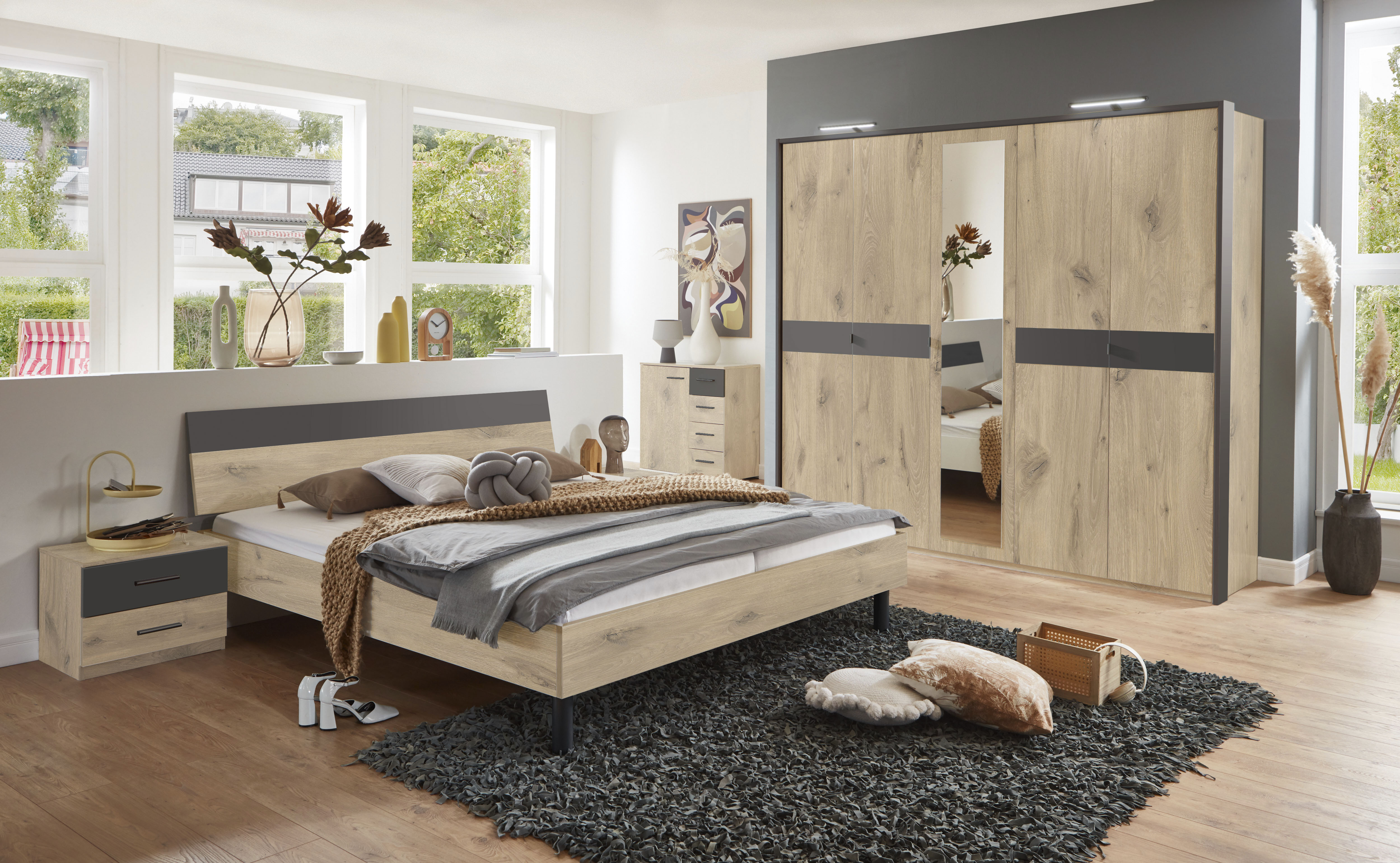 Futonbett WIMEX "Budapest", grau (viking oak, graphit, viking oak, graphit, schwarz), B:189cm H:81cm L:210cm, Betten, Futonbett, Inklusive zweifarbiges Kopfteil, Liegefläche 180x200cm viking oak, graphit, viking oak, graphit, schwarz Liegefläche Länge B: 