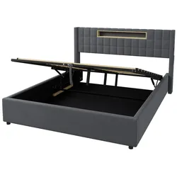 OKWISH Polsterbett Samt Grau mit LED, Stauraum und Ladeanschlüssen, 160 x 200 cm