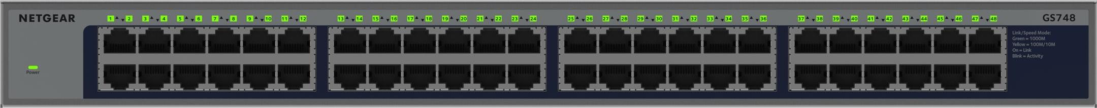 NETGEAR GS748, Unmanaged, Gigabit Ethernet (10/100/1000), Vollduplex, Power over Ethernet (PoE), Rack-Einbau