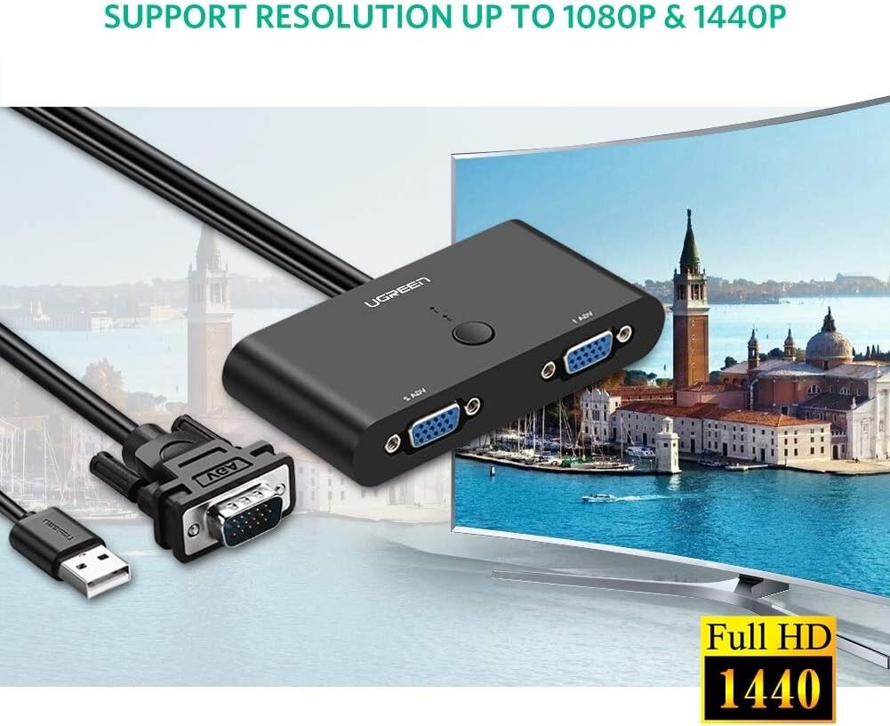 UGREEN 2-in-1 VGA Switch Box, 2-Port VGA Selector/Splitter, USB Powered, up to 1920x1440@60Hz, MM126