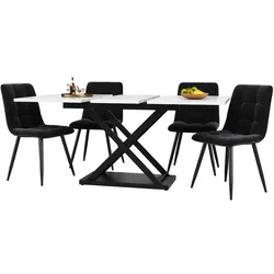 MODFU Essgruppe 5-teilig ausziehbarer Esstisch mit 4 Samtstühlen Weiß+Schwarz 160x80x75 cm MDF Metall, modernes Design, platzsparend