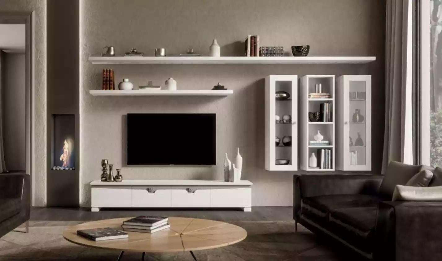 Modern wit houten woonkamer set met design lowboard en wandkast, 6-delig