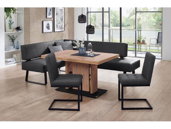 Essgruppe, Leder CASAY, Schwarz 165×50 cm, Ausziehbar, 2 Freischwinger, K+W Komfort & Wohnen