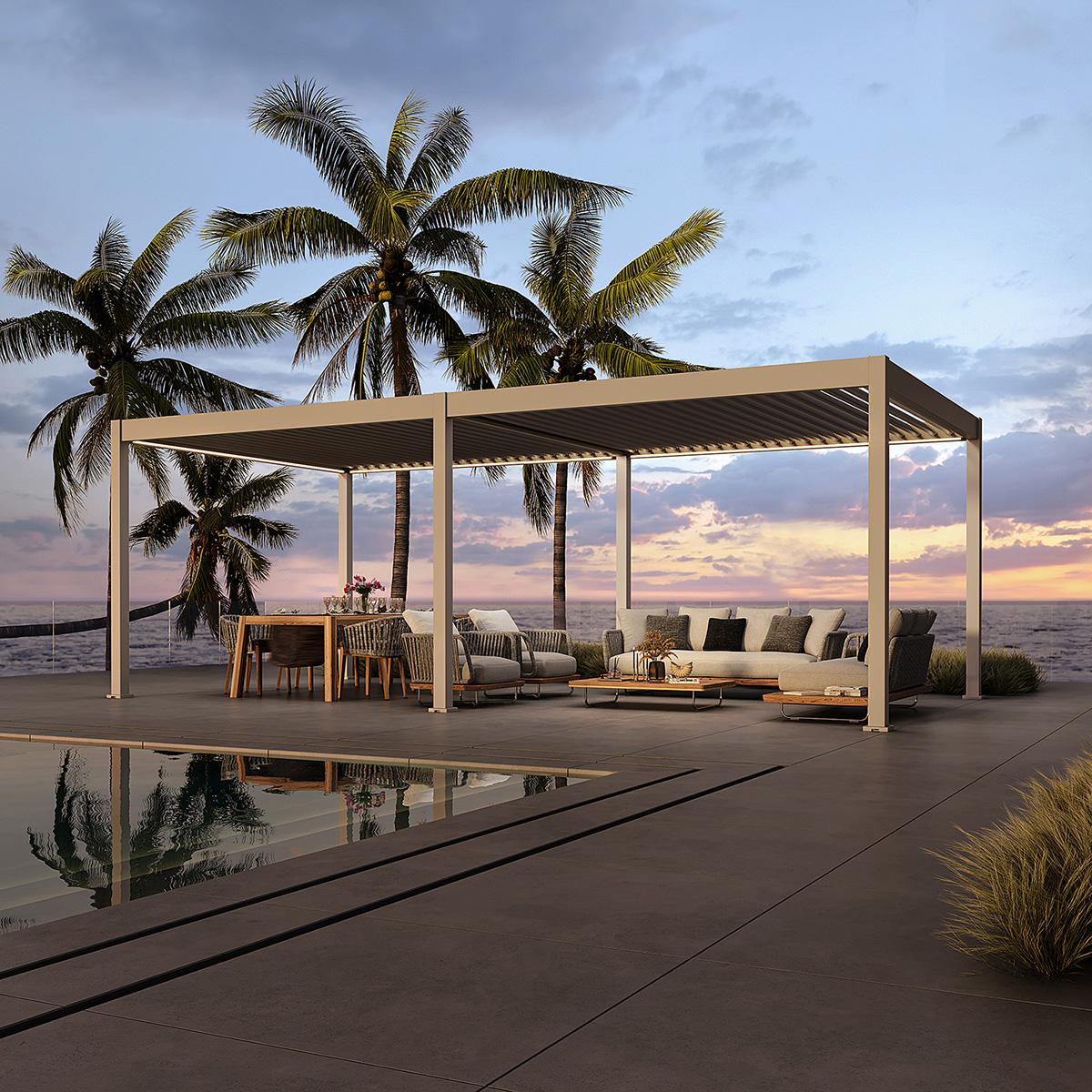 Weide E-Deluxe elektrische Pergola Voll-Aluminium 3,6x7,2m mit Lamellendach Ivory Sand