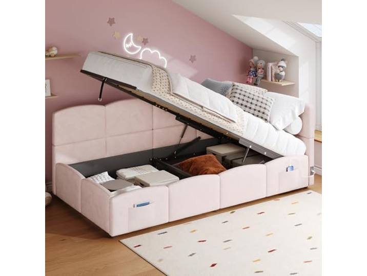 Merax Schlafsofa 90x200 cm, Kinderbett Jugendbett mit Lattenrost, hydraulischem Stauraum und Zugband, USB Ladeanschlüssen, Stautasche, Samt, Rosa (Ohne Matratze)