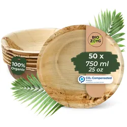BIOZOYG 50 Stück runde Einwegschalen Palmblattschalen 750ml für Partys, umweltfreundliches Biogeschirr, Einmalgeschirr, biologisch abbaubar