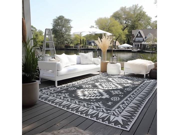 Elle Decoration In und Outdoor Teppich – Wendeteppich Wetterfest & Wasserfest - Modernes Geometrisches Muster Rauten Muster Outdoorteppich für Garten, Balkon, Terrasse, Wohnzimmer – Schwarz, 120x170cm