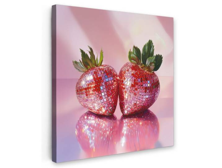 LEINWANDBILD Disco - Obst - Glitzer - Erdbeere Deko Groß 90x90 cm