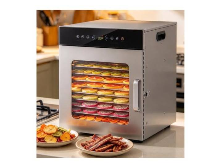 Dörrgerät Mit 12 Einschüben Für Den Heimgebrauch Edelstahl, 1000 W Temperaturregelung (86–196 °F), 24-Stunden-Timer, Innenbeleuchtung, Für Trockenfleisch, Obst, Hundeleckerlis