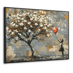 LEINWAND Bilder mit Rahmen - Baum - Graffiti - Banksy-Stil - Ballon-Mädchen - 100x70