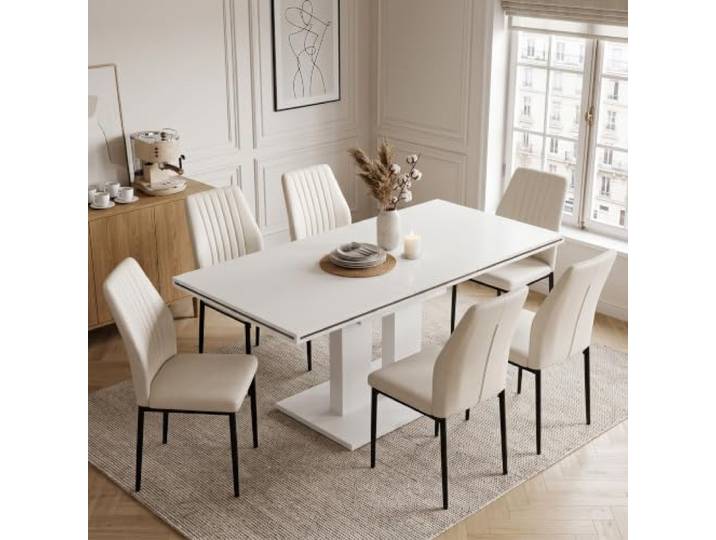 JIEXI Esstisch mit 6 Stühlen Set, Ausziehbarer Esstisch 140-180cm,Weiß Rechteckige MDF-Tischplatte, Küchentisch für Küche, Esszimmer