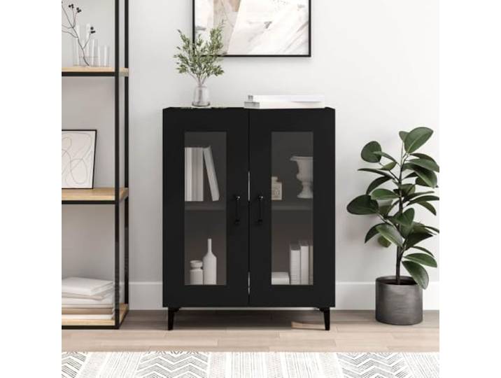 RJPLMFV Anrichte, Schwarz, 69,5 x 34 x 90 cm, Holz, 2 Türen Transparente Glastüren, tägliche Aufbewahrung, Wandbefestigung inklusive
