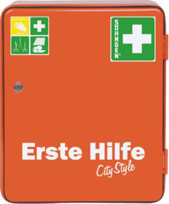 Soehngen Verbandschrank HEIDELBERG, Stahlblech, Sicherheitsschloss, B 362 x T 140 x H 302 mm, ohne Inhalt, orange