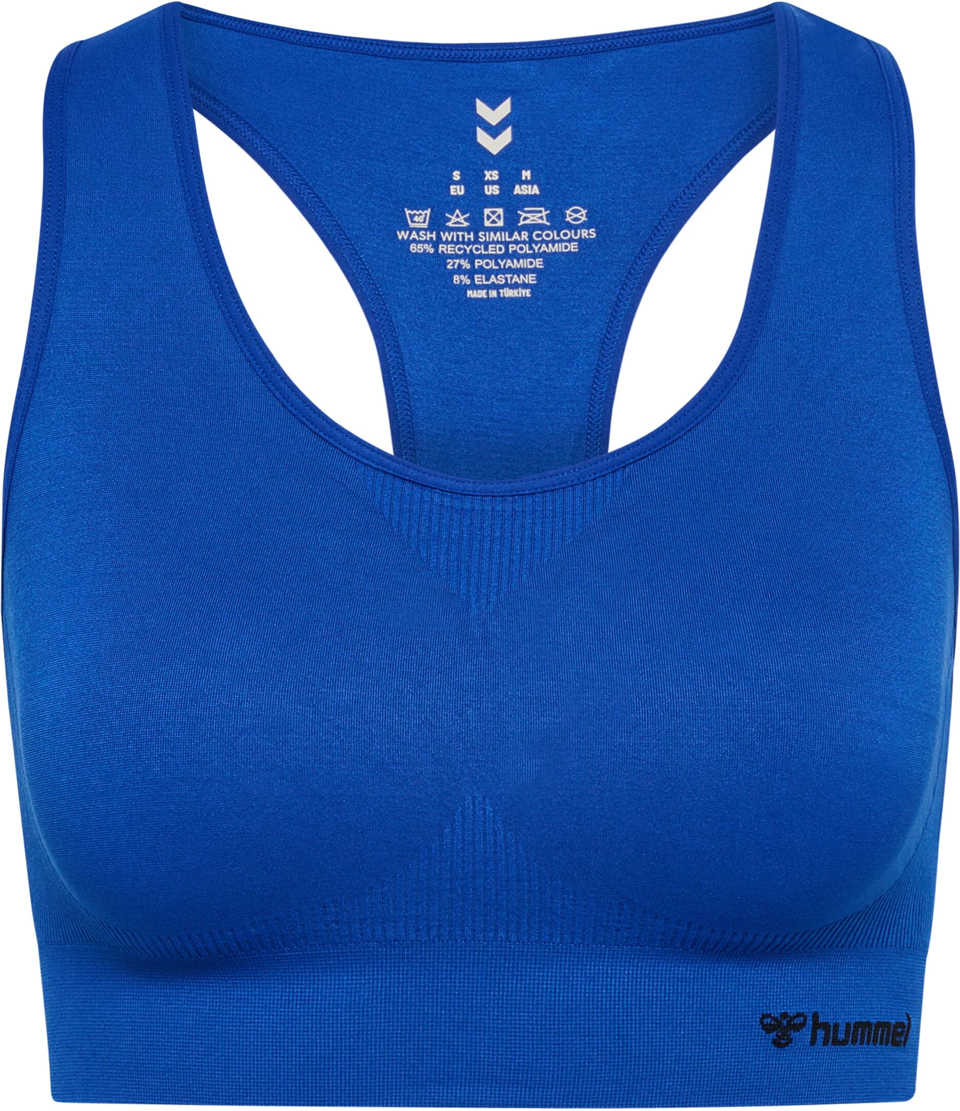 Sport-Bustier HUMMEL "hmlTIF SEAMLESS SPORTS TOP", Damen, Gr. M (38), N-Gr, blau (surf the web), Obermaterial: 92% Polyamid, 8% Elasthan, eng, BHs Sport-Bustier, nahtarme Seamless-Konstruktion, dehnbarer Stoff surf the web M (38), N-Gr