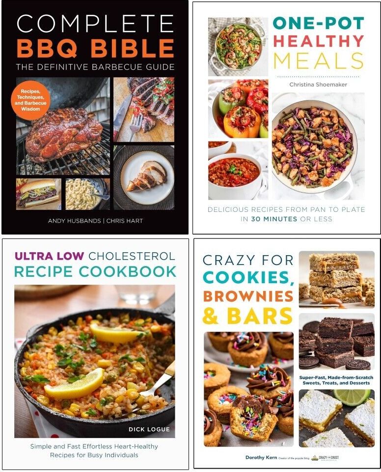 Various Publishers Complete BBQ Bible, One Pot Healthy Meals, Ultra Low Cholesterol Recipe Cookbook & Crazy For Cookies, Brownies & Bars - 4 Book Paperback Cookery Set