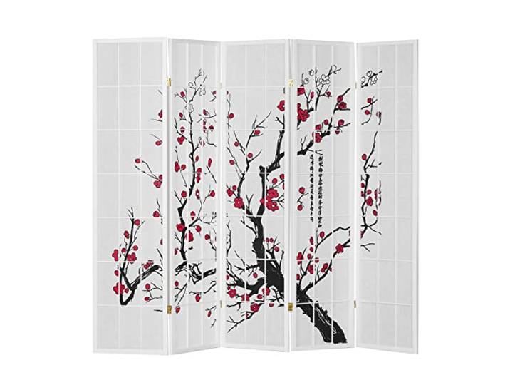Homestyle4u Paravent 5 teilig Weiß Raumteiler Holz Shoji Reispapier Kirschblüten Shoji