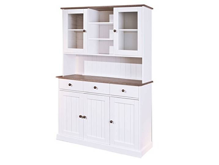 Inter Link - Vitrinenschrank - Küchenschrank - Geschirrschrank - Esszimmerschrank – Vitrine - Landhausstil - Kiefer Massivholz – 5 Türen – 3 Schubladen – Westerland 6.2 – Weiß/Sepia lackiert