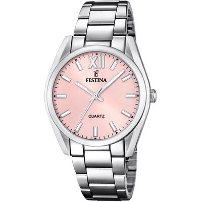 Quarzuhr FESTINA "Boyfriend Collection", silber (silberfarben, rosa), Armbanduhren, Damen, silberfarben, Quarzuhr, Armbanduhr, Damenuhr, Edelstahlarmband