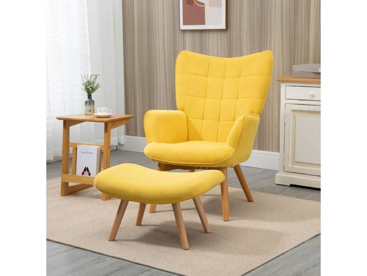 Fauteuil relax oreille avec hocker 1 place - LPOSPI - structure acier polyester jaune pieds en bois