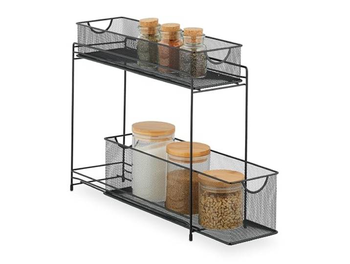 Relaxdays Organiseur pour placard de cuisine\, corbeilles coulissantes\, 2 tiroirs\, métal\, HxLxP: 40x15x46 cm\, noir
