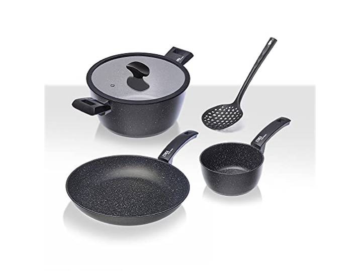 Kochset 4 Stk Moneta Etnea - Pfanne 24cm, Stieltopf 16 cm, Kochtopf 20 cm, Glasdeckel mit Silikonrand 20 cm, Bratgutheber