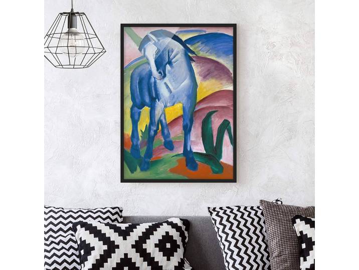 Tableau déco Franz Marc, Cheval bleu Papier Cadre : placage en bois véritable Pin Multicolore 70 x 100cm