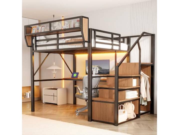 Merax Hochbett 140x200 cm Metall mit LED-Lichtleiste, langem Schreibtisch, Sicherheitsleiter & flexiblem Stauraum – Schwarz (Ohne Matratze)