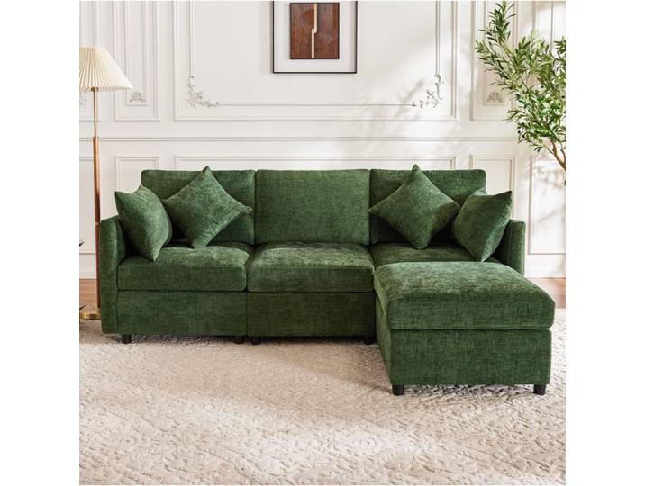 Canapé d'angle en L convertible 3 places modulable avec pouf mobile et 4 coussins en chenille Vert avec vidéo