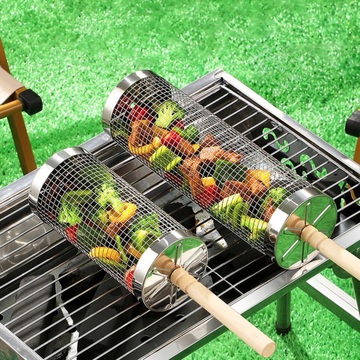 INF Panier de barbecue rotatif en acier inoxydable - Cage BBQ portable roulante pour cuisson homogène, nettoyage facile, petit