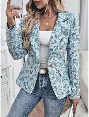 LightInthebox Women's Suits Comfortable Pocket Elegant Fashion OL Style Modern Floral Daily Outdoor Work School Regular Turndown Regular Long Sleeve Outerwear Blue Pink Brown Spring Fall