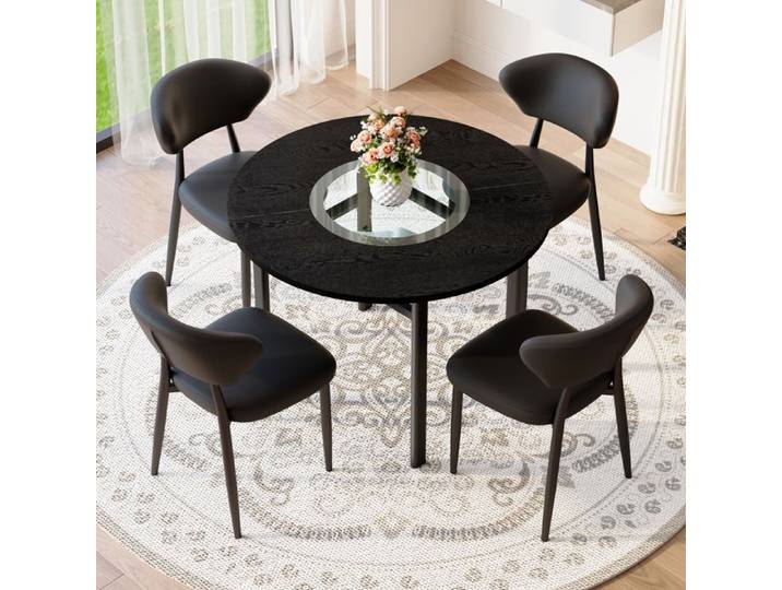 Ensemble de table ronde - Table ronde 100 cm - 4 fauteuils noirs - Verre trempé - Design minimaliste