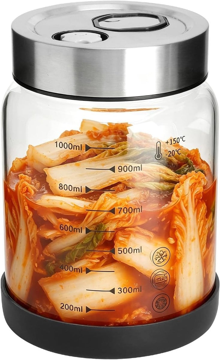 Fermentatieglas voor Kimchi en Zuurkool met Luchtdichte RVS Deksel en Schaalverdeling voor Groentenopslag, BPA-vrij
