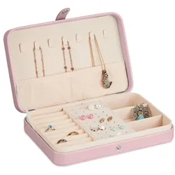 Relaxdays Schmuckkästchen für Reisen Creme,Rosa,Silber