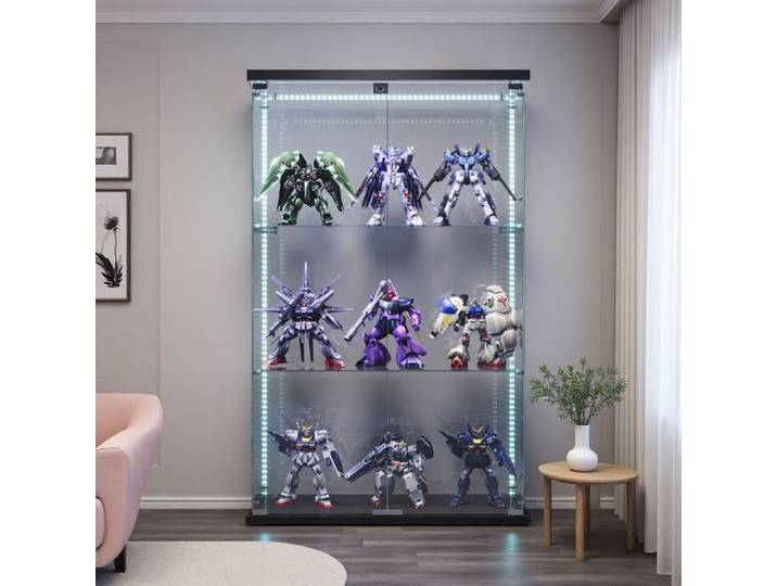 Vitrines vitrines en verre armoire de collection moderne en verres à 3 couches avec 2 portes et serrure vitrines 163x79x35 noir