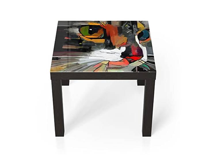 DEQORI Glastisch schwarz klein 55x55 cm Motiv Abstraktes Katzengesicht ausgefallener Beistelltisch aus Glas Hochglanz Couchtisch fürs Wohnzimmer moderner Couch Tisch mit Design