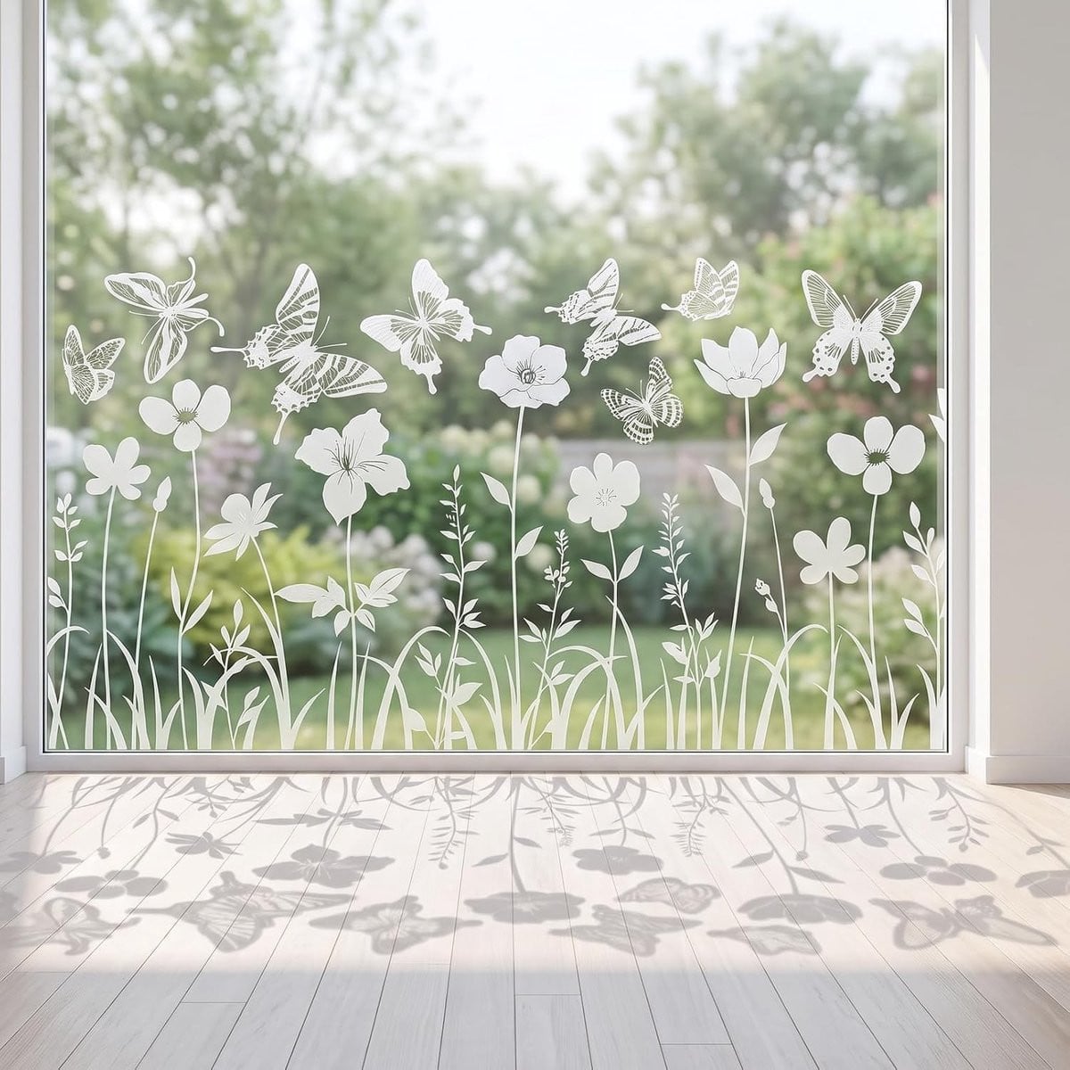 Decoratieve raamstickers met witte bloemen en vlinders, vogelwerende raamfolie voor lente en zomer, B/D/H: 30 x 60 cm