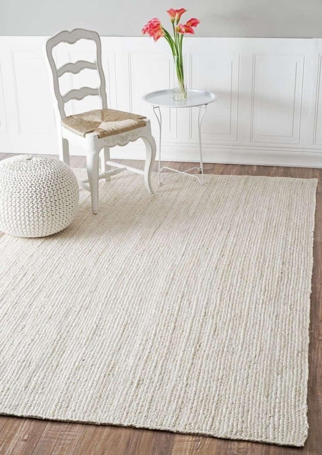 Handgemaakt handgeweven jute tapijt in gebroken wit, vierkant, voor de woonkamer of slaapkamer