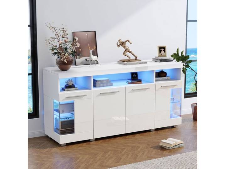 Buffet bas - SOGEU - 140x40x70 cm - blanc brillant - verre trempé - éclairage LED intégré