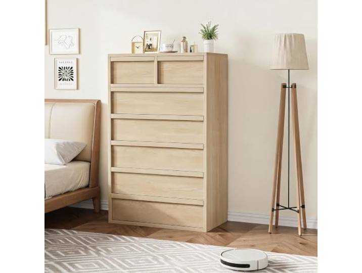 GarveeMore Kommode 7 Schubladen mit Holzgriffen für Schlafzimmer, Naturholz 7 Geräumige Schubladen Natürliche Holzoptik Stabile Spanplatten 119 cm Hoch Schlafzimmer Und Ankleidezimmer